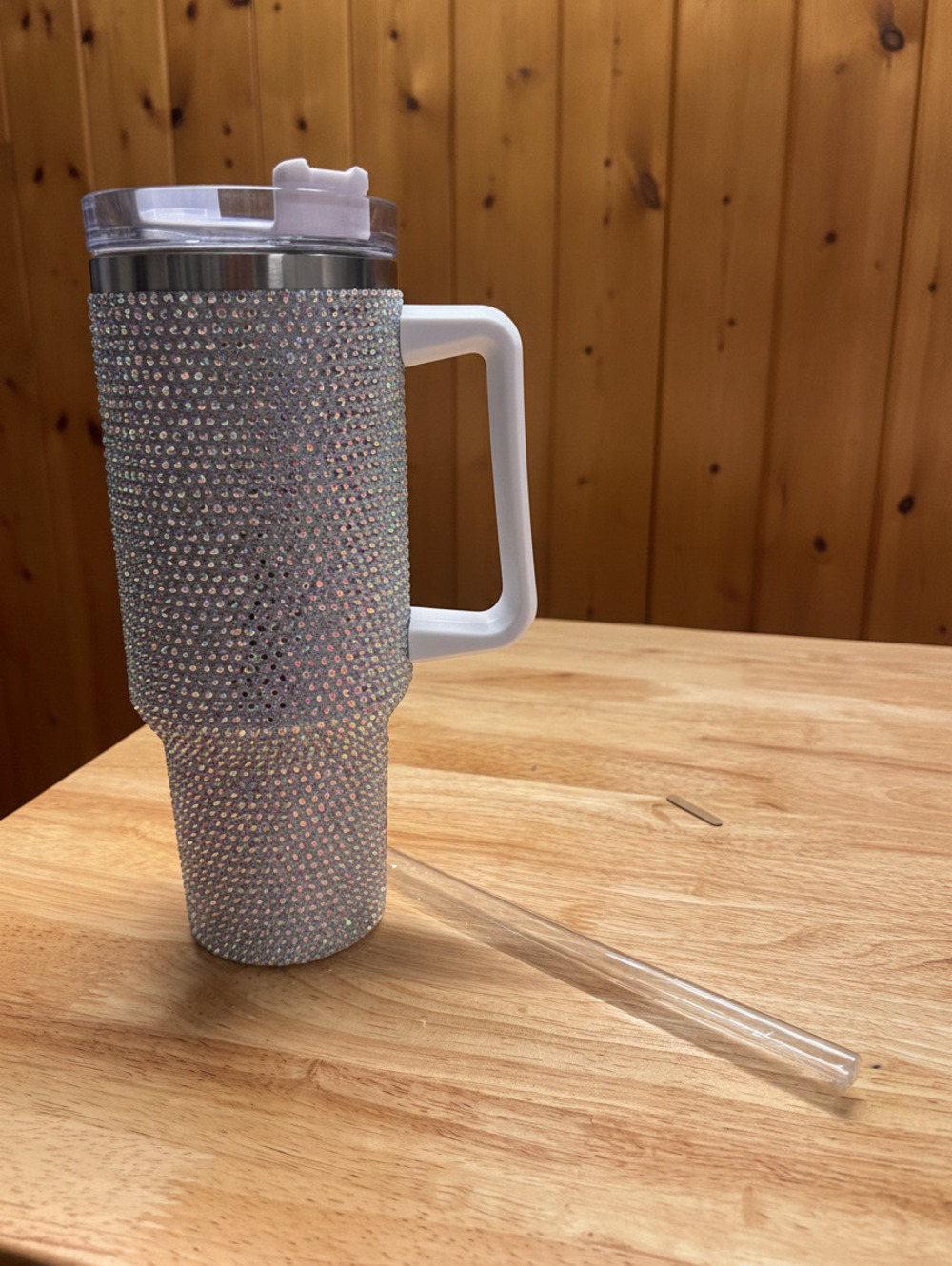 Blue Rhinestone Bling Travel Mug with Handle and Straw - Sparkling Silver nib